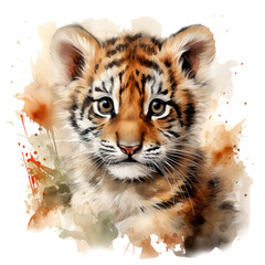 Watercolor illustration tiger cub lion cub stains splashes, children's cute cartoon room decor, photo wallpaper, print, poster, wall painting, transparent background, interior - generative AI