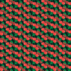 Hand drawn watercolor cherry seamless pattern isolated on dark background. Can be used for textile, fabric, wrapping and other printed products.