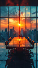 Sunset illuminates cityscape, viewed from high-rise office with glossy table and chairs.
