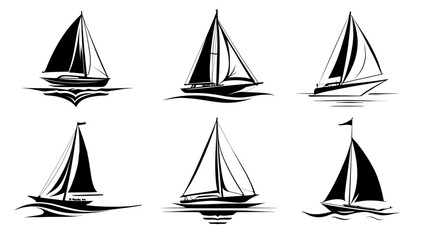 set of sailing ship silhouette - obrazy, fototapety, plakaty