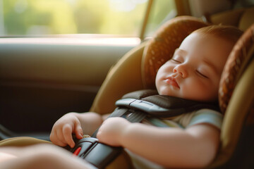 a child sleeps in a child safety seat in a car - obrazy, fototapety, plakaty