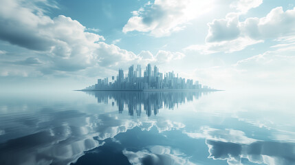 海の上に浮かぶ街が水面に映っている　未来都市イメージ