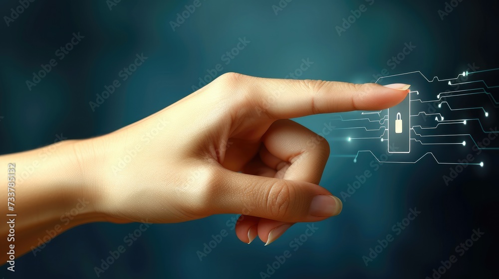 Poster a hand pointing to digital icon that symbolizes security, data protection cyber security privacy bus