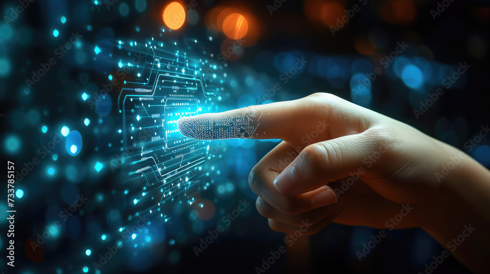 Poster A hand pointing to digital icon that symbolizes security, Data protection Cyber Security Privacy Business Internet Technology Concept. Generative AI.