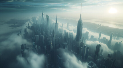 雲海の隙間に都市　未来都市イメージ