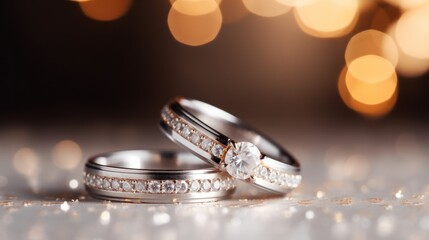wedding rings in the corner on a sparkling glitter background in banner format with copy space.