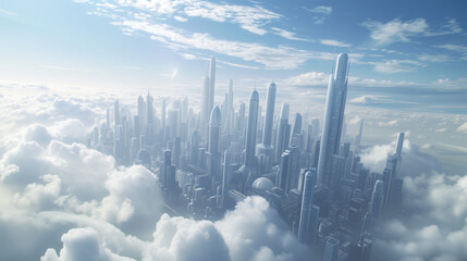 雲海の隙間に都市が覗いている　未来都市イメージ - obrazy, fototapety, plakaty