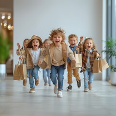 Happy group of children in casual clothes jeans, t shirt. Running with package paper bags with purchases in the shopping mall. Shopping discount sale concept. Mock up, copy space, banner. Fashion