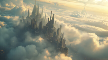 雲の隙間から見える都市　未来都市のイメージ - obrazy, fototapety, plakaty