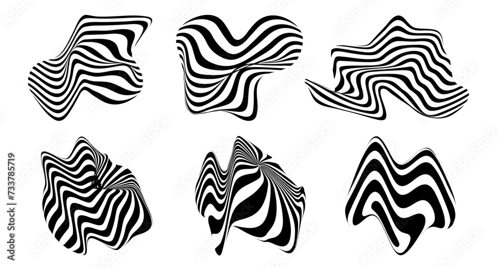 Poster abstract striped optical illusion shapes. white and black wavy stripes. brutalism modern aesthetic d