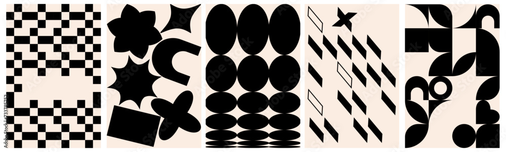Poster swiss design aesthetic. black abstract shapes backgrounds. geometric isolated posters in trendy brut