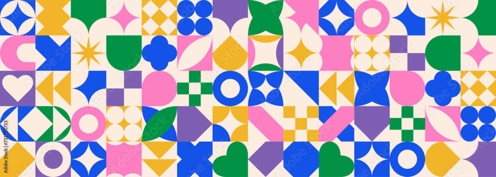 Poster geometric seamless pattern in bauhaus style. colorful abstract shapes background in trendy swiss sty
