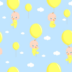 Cute newborn babies in the sky holding yellow balloons. Baby shower party background with balloons in the sky. Seamless pattern. Vector Illustration