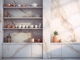 Fototapeta na wymiar Kitchen with Marble Walls and Shelves