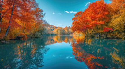 Crisp autumn sunrise by a serene lake with vivid foliage reflections