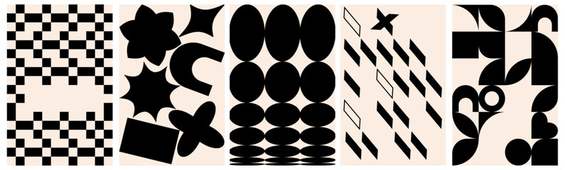 Swiss design aesthetic. Black abstract shapes backgrounds. Geometric isolated posters in trendy brutalist style. Set of seamless patterns. Flat vector illustration.