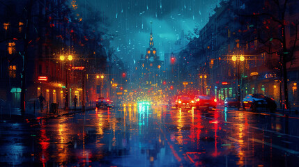 Rain-Soaked Twilight in the City