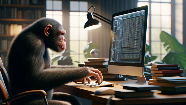 The Chimpanzee Gazing at a Computer - Type B: Generated by AI Using GPT-4 DALL-E