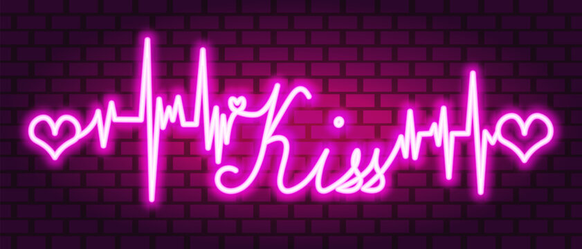 Kiss. The text is decorated with a pulse and hearts. Pink neon glow. Color vector illustration. Isolated background of pink brick wall. Broken zigzag line and romantic italic inscription. 