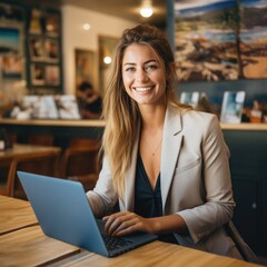 Attractive female travel agent looking at her client, ai generated - obrazy, fototapety, plakaty