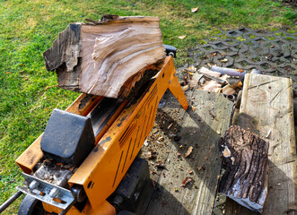Splitting firewood with a log splitter in the garden