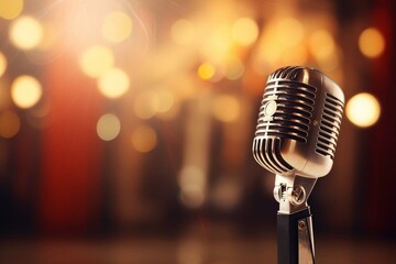 Old-fashioned microphone on comedy stage with blurred lights in background. Generative AI
