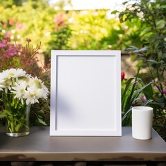 Fototapeta na wymiar Blank Frame Mockup in a Serene Garden