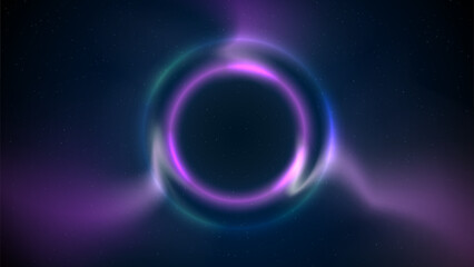 Blue pink purple circular light frame on dark background. Shining light ring. Glowing blue pink plasma circle. Abstract background, backdrop for displaying products, text, copy paste. Vector