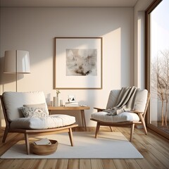 Scandinavian Living Room with Blank Photo Frame