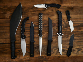 Close-up of nine different knives laid out on the brown wooden background. Fixed-blade, pocket, and...