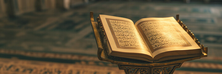 Fototapeta premium Verses of open Quran book exude aura of tranquility in mosque. Each word resonates with timeless significance offering solace and guidance