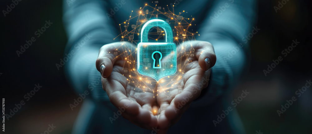 Aufkleber digital person holding hand with a lock on the symbol to indicate security, in the style of shaped c