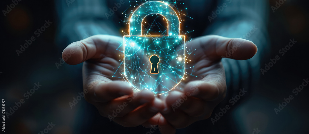 Leinwandbilder digital person holding hand with a lock on the symbol to indicate security, in the style of shaped c