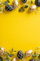 Refined Easter setting. Top view vertical shot of deluxe black and gold eggs, natural eucalyptus sprigs, soft gypsophila accents, laid out on lively yellow backdrop with empty space for text or advert
