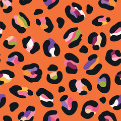 Leo seamless pattern. Random placed, abstract multi colored shapes, wildcat skin imitate. Animal skin all over surface print for fabric, paper, package. Leopard vector background. Modern wallpaper