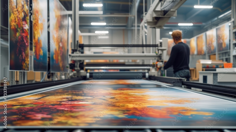 Poster Artwork being printed on large canvas, print machine in background inside clean modern area. Generative AI.