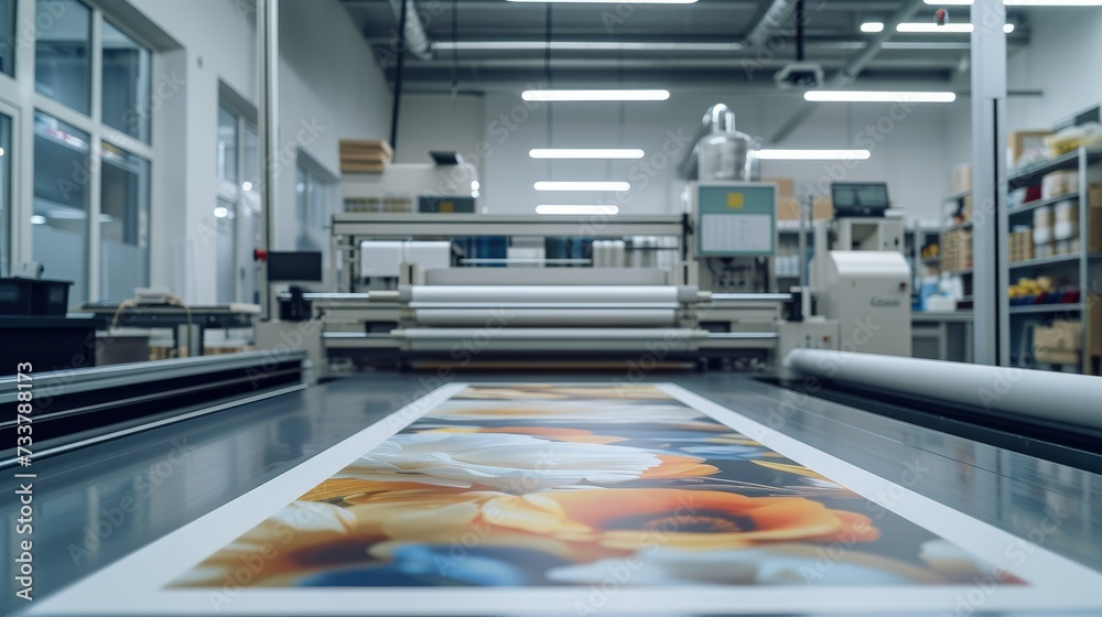 Poster Artwork being printed on large canvas, print machine in background inside clean modern area. Generative AI.