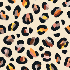 Leo seamless pattern. Random placed, abstract multi colored shapes, wildcat skin imitate. Animal skin all over surface print for fabric, paper, package. Leopard vector background. Modern wallpaper