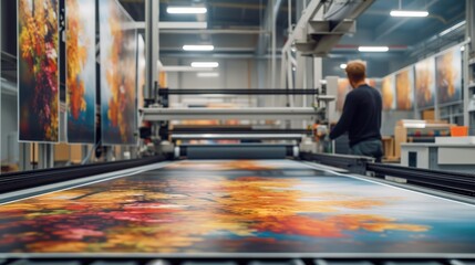 Artwork being printed on large canvas, print machine in background inside clean modern area. Generative AI.