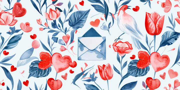 Seamless pattern. Postcard and pattern Valentine's day, with hearts. Love vibe in watercolor hand painted style. Hand drawn.
