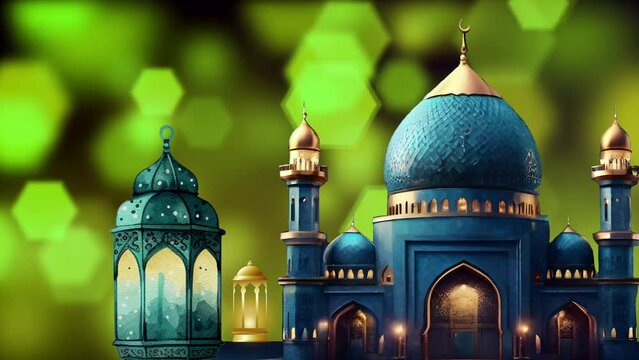 Mosque building at night with eccentric magic particle splash green  background. Muslim mosque dome building background. 