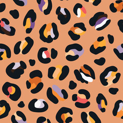 Leo seamless pattern. Random placed, abstract multi colored shapes, wildcat skin imitate. Animal skin all over surface print for fabric, paper, package. Leopard vector background. Modern wallpaper