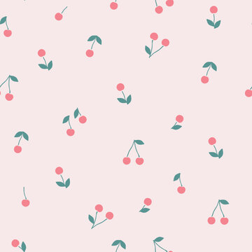 Vector seamless cherry pattern on a light pink background. Hand-drawn illustration of summer fruits. The fresh design is great for wallpaper or gift wrapping.