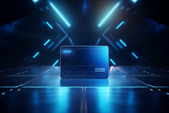 Blue credit card, debit or bonus card on the scene. concept of consumer on daark background. Gift for holiday birthday