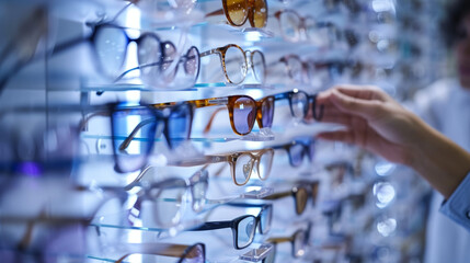 Person Choosing Eyeglasses in Optical Shop for Health and Lifestyle Editorials