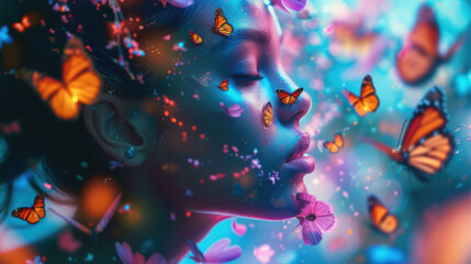 Beautiful goddess dissolving into butterflies with neon acrylic paint, splashes. Generative AI. - obrazy, fototapety, plakaty