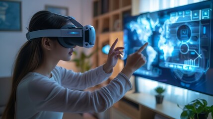 Woman using a VR headset, interacting with futuristic digital graphics, perfect for technology and innovation concepts.