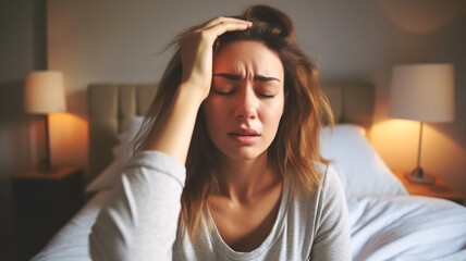 Young woman having a headache and feeling sick in the bedroom at home. Negative emotion and mental health concept. - obrazy, fototapety, plakaty