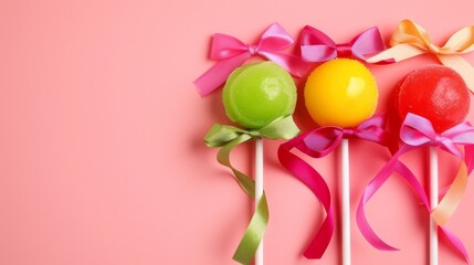 Brightly colored lollipops with festive ribbons on a pink background, sweets and celebration concept.