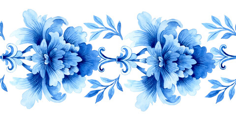Fototapeta na wymiar watercolor seamless border, blue damask ornament. classic vintage ornament